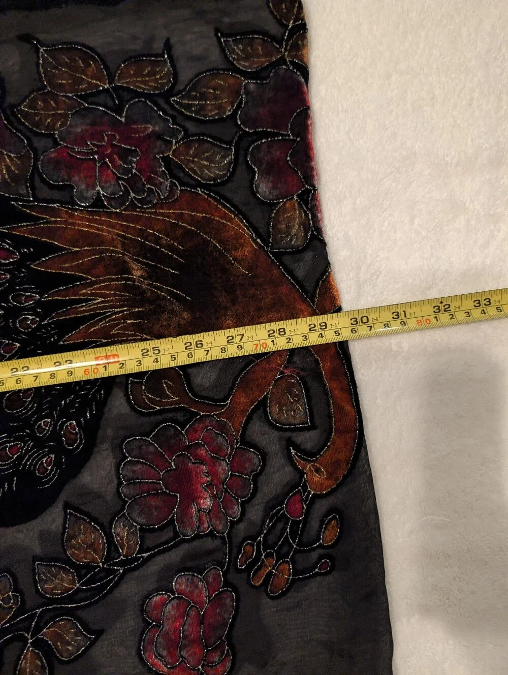 Black Shawl with Rich Copper and Crimson Velvet Peacock Applique and Fringe